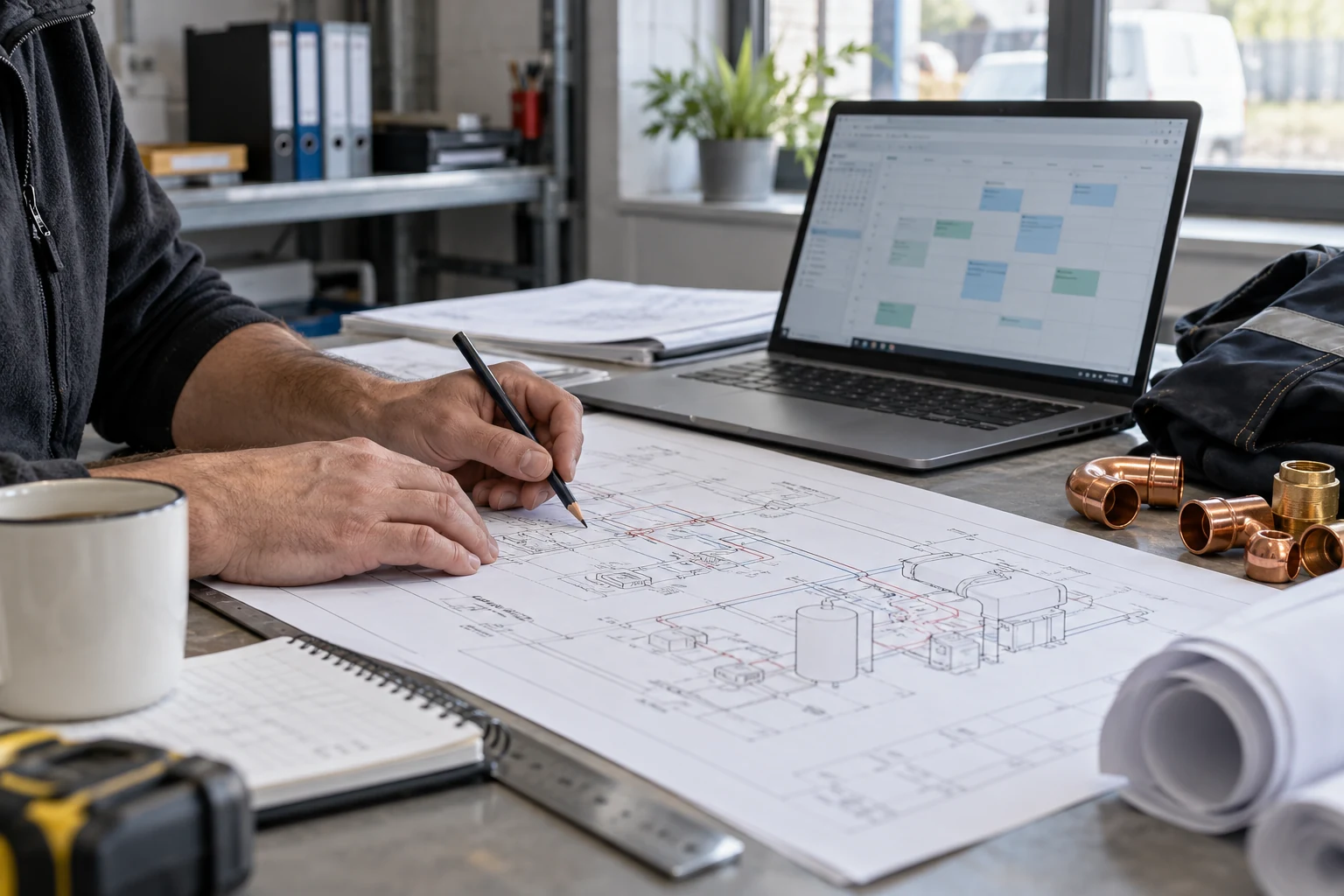 An HVAC workbench with plans and a laptop