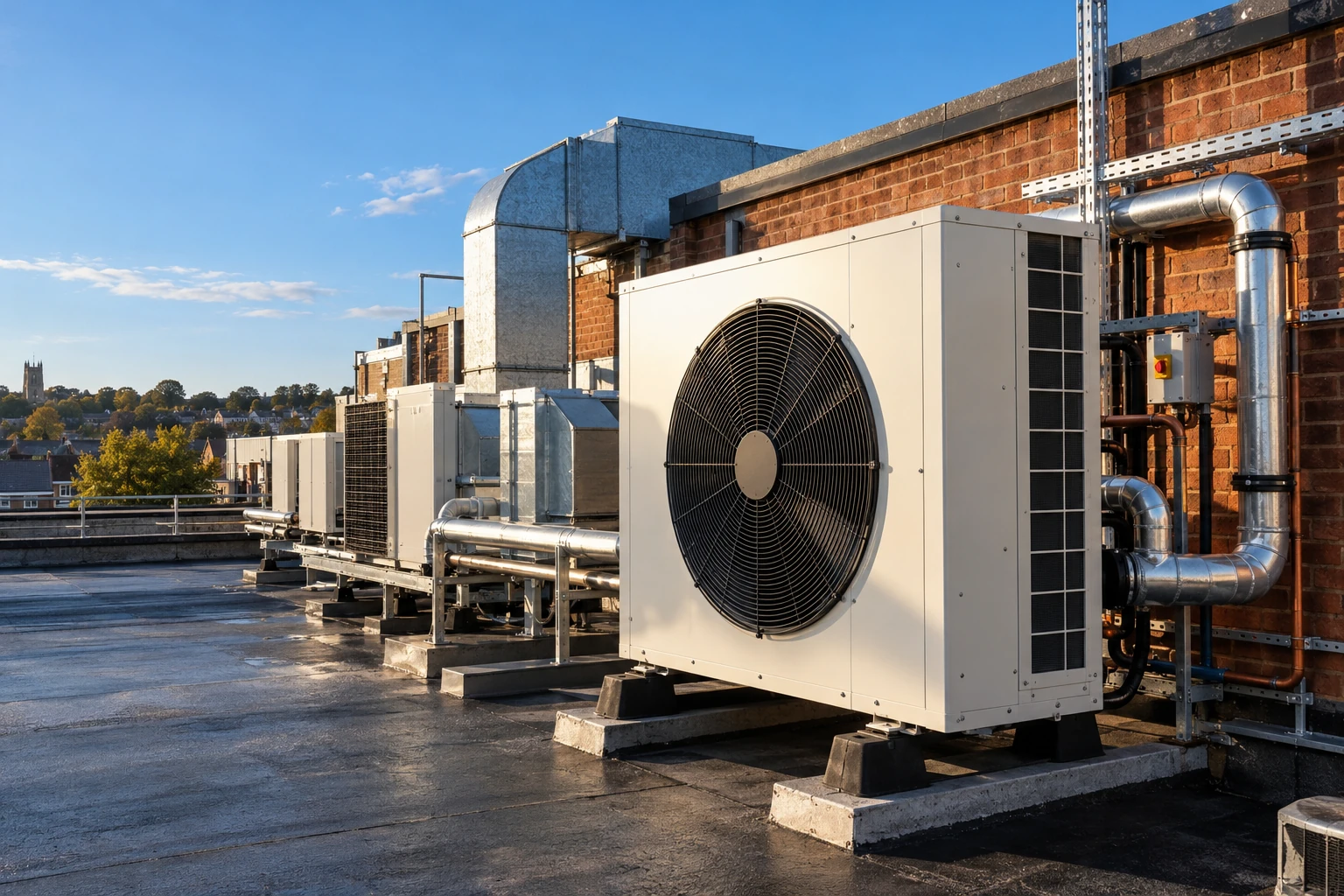 Commercial heat-pump and ventilation equipment on an industrial rooftop