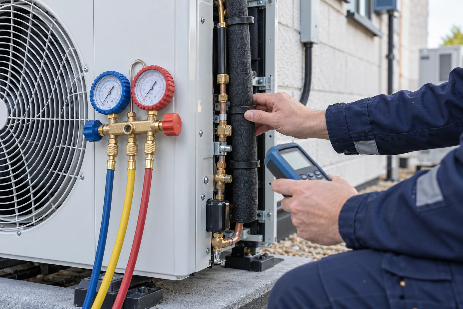 Hands inspecting pipework and service equipment